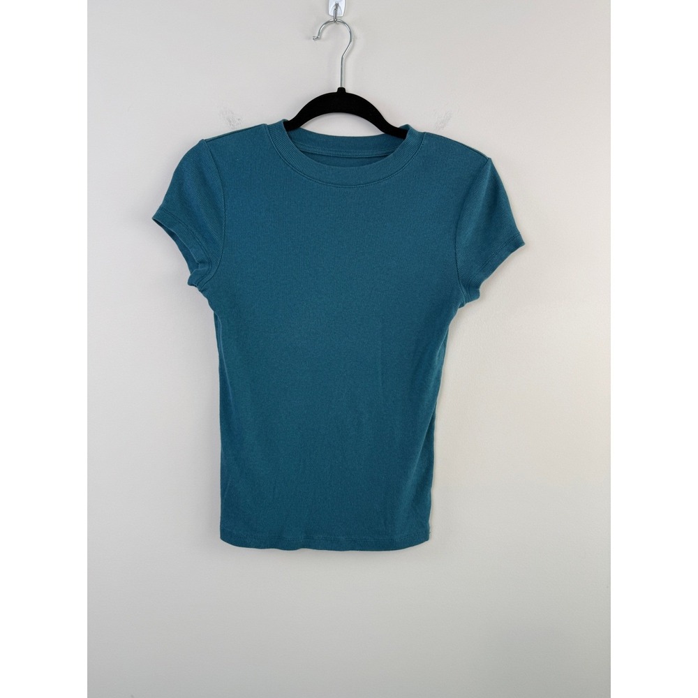 A New Day Ribbed T-Shirt Womens Small Teal Blue Short Sleeve Crew Neck Stretch
